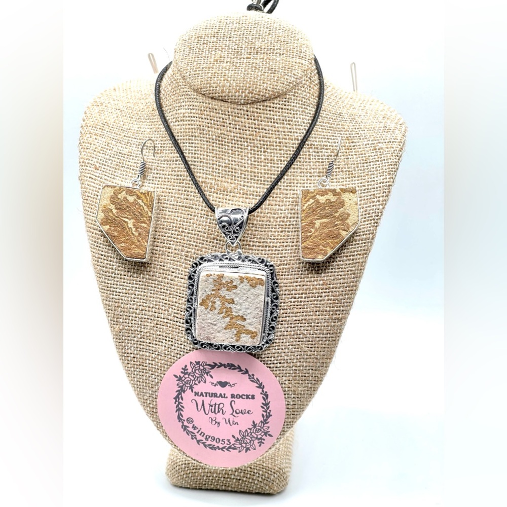 German Dendritic Fossilized Pendant & Earrings Set